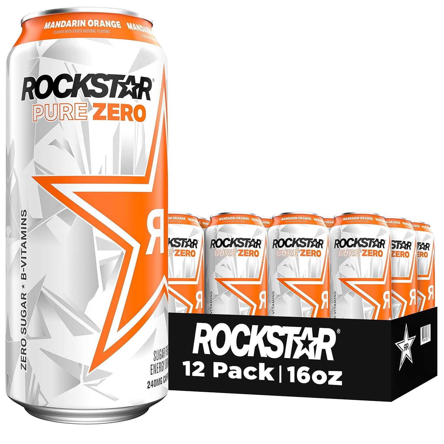 Rockstar Pure Zero Energy Drink， Orange， 0 Sugar， with Caffeine and Taurine， 16oz Cans (12 Pack) (Packaging May Vary) - Image 1